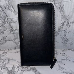 THEORY BLACK SLIM LEATHER WALLET GOLD ZIPPER SLOTS FOR CARD ZIPPED CHANG…